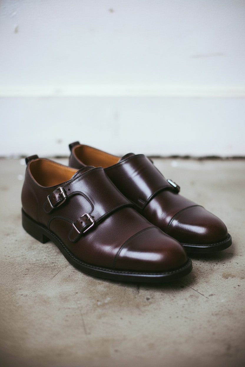 Handmade Men's Brown Double Monk Leather Casual Dress Shoes