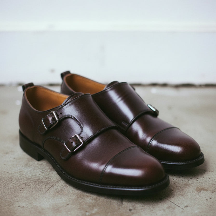 Handmade Men's Brown Double Monk Leather Casual Dress Shoes