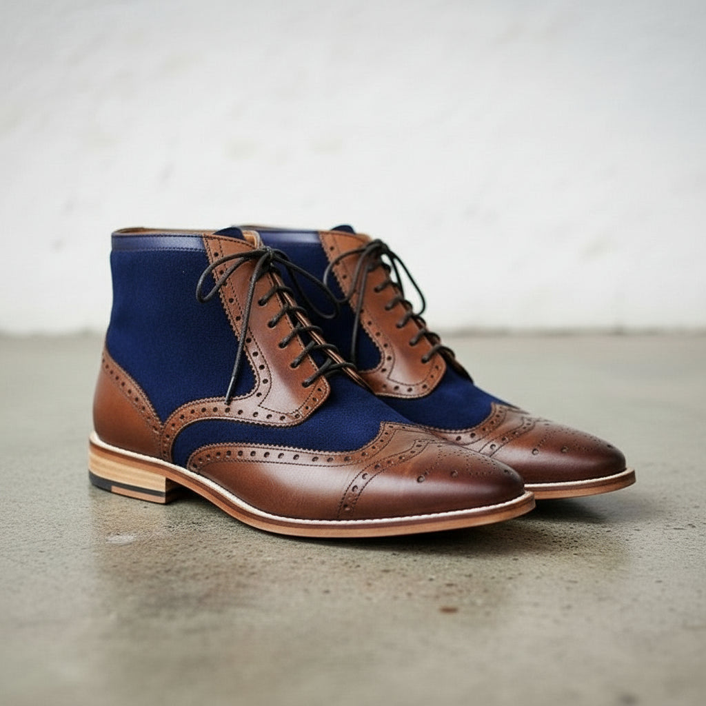 Handmade Men Two Tone Boot, Blue and Brown Ankle Boot, Mens Casual Boot