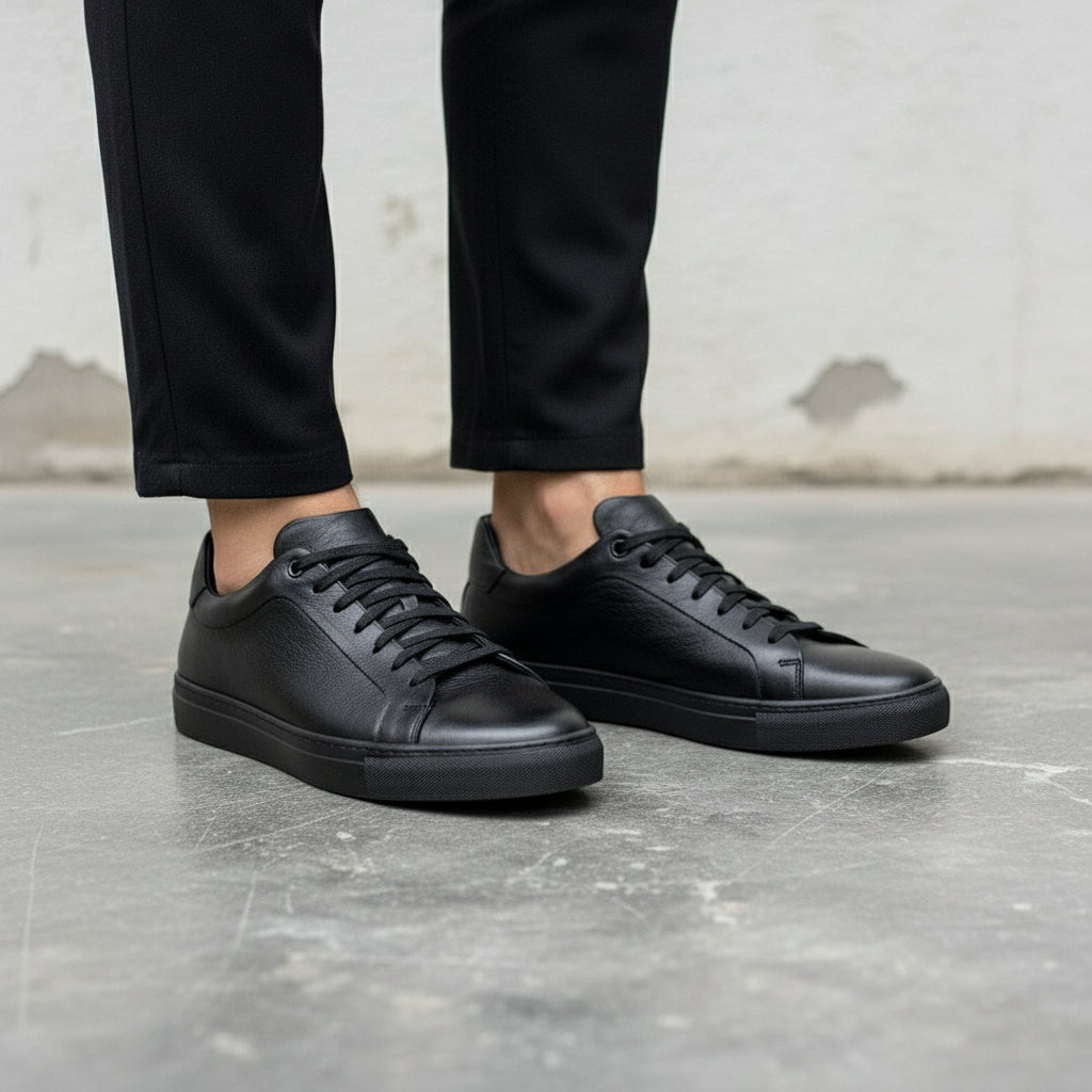 Black Leather Lace-Up Sneakers for Men