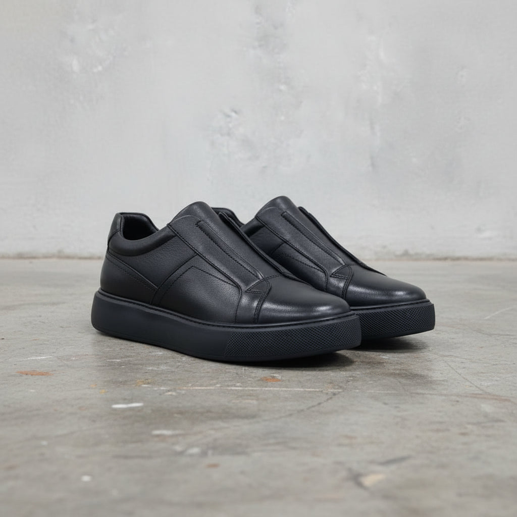 Men's Black Leather Slip-On Sneakers
