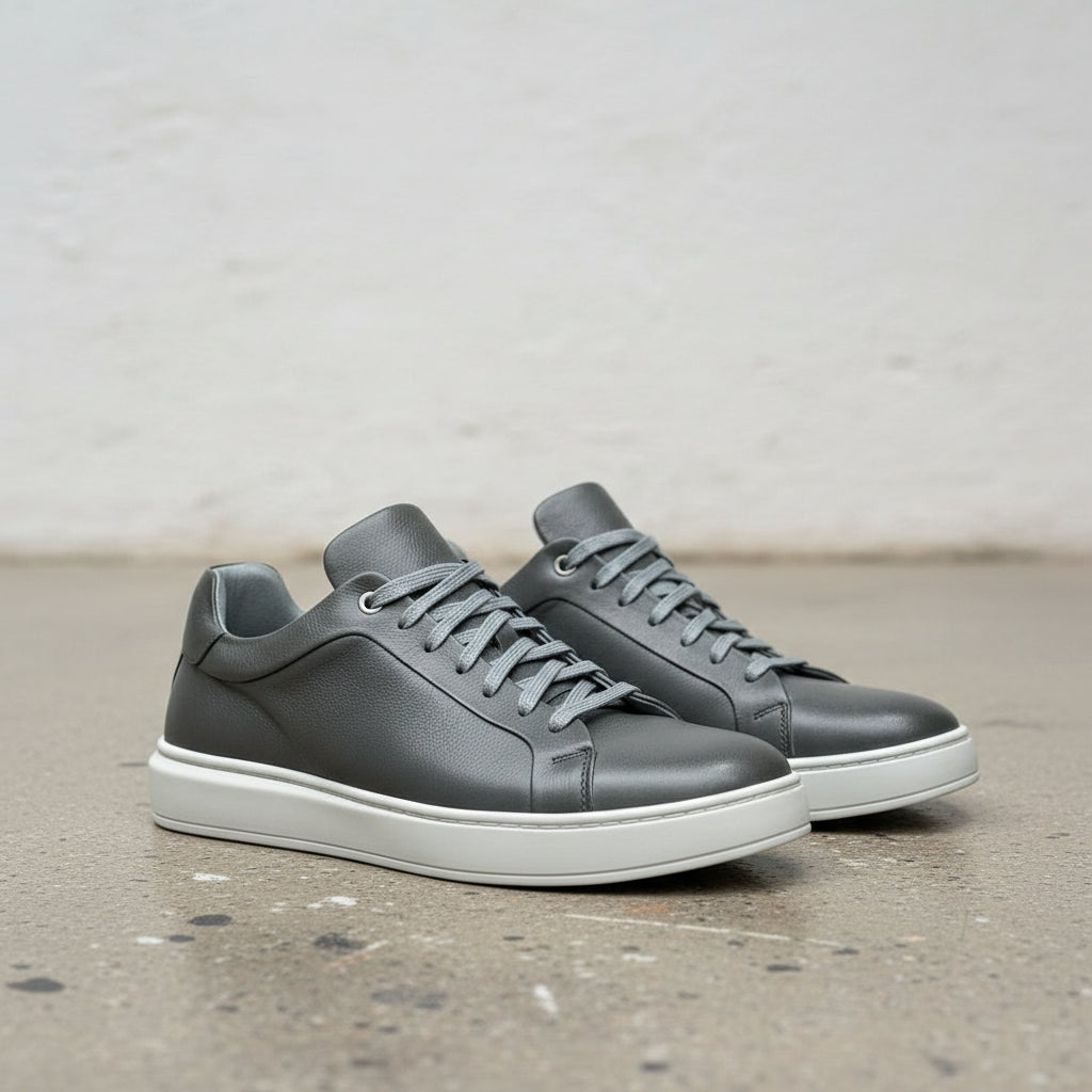 Gray Leather Lace-Up Sneakers for Men