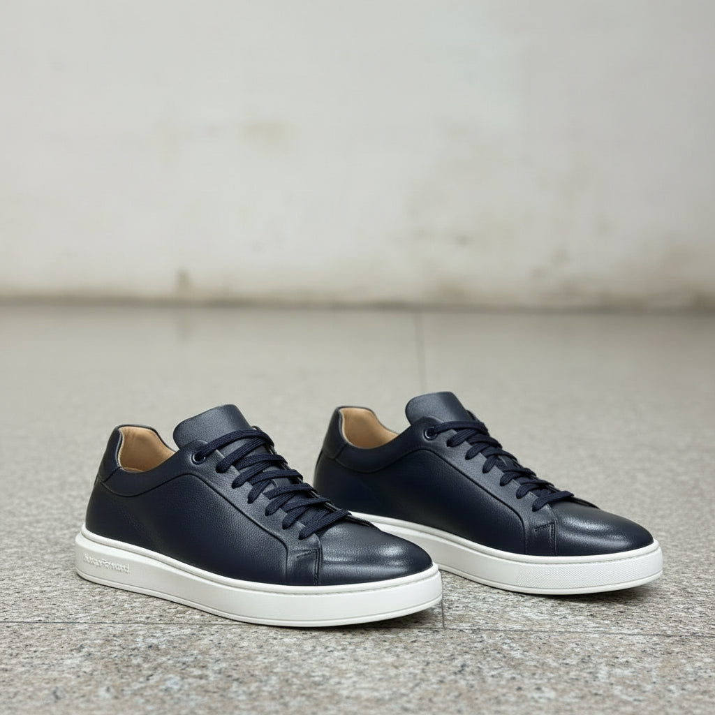 Men's Navy Blue Lace-Up Leather Sneakers