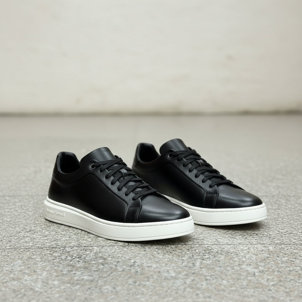 Black Leather Men's Lace-Up Sneakers