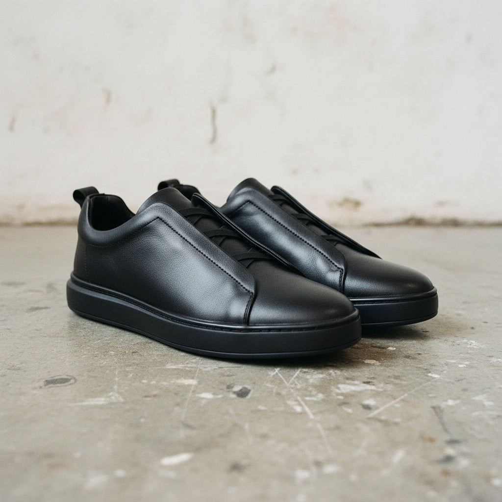 Men's Black Leather Slip-On Sneakers
