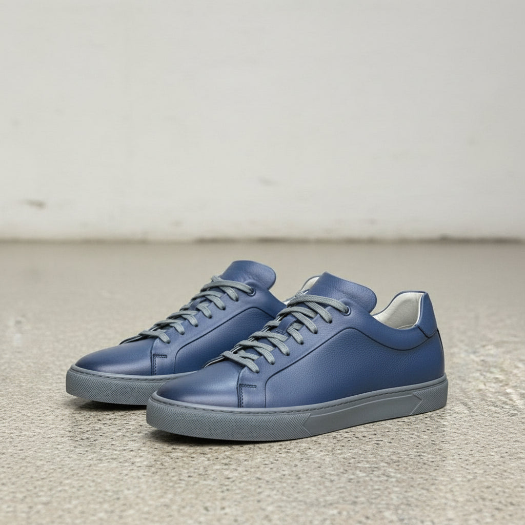Men's Blue Leather Plain-Toe Sneakers