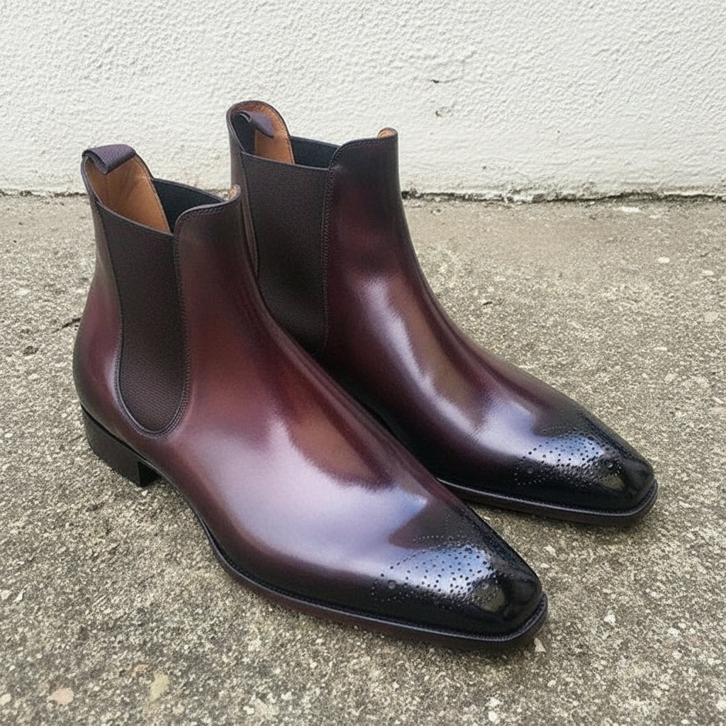 Handmade Men's Dark Burgundy Leather Chelsea Ankle Boots