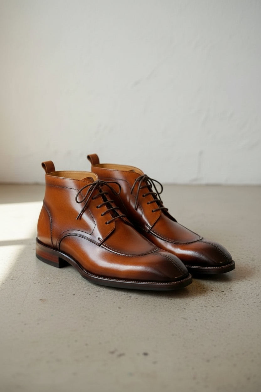 Handcrafted Men's Brown  Split Toe Lace-Up Dress Boots