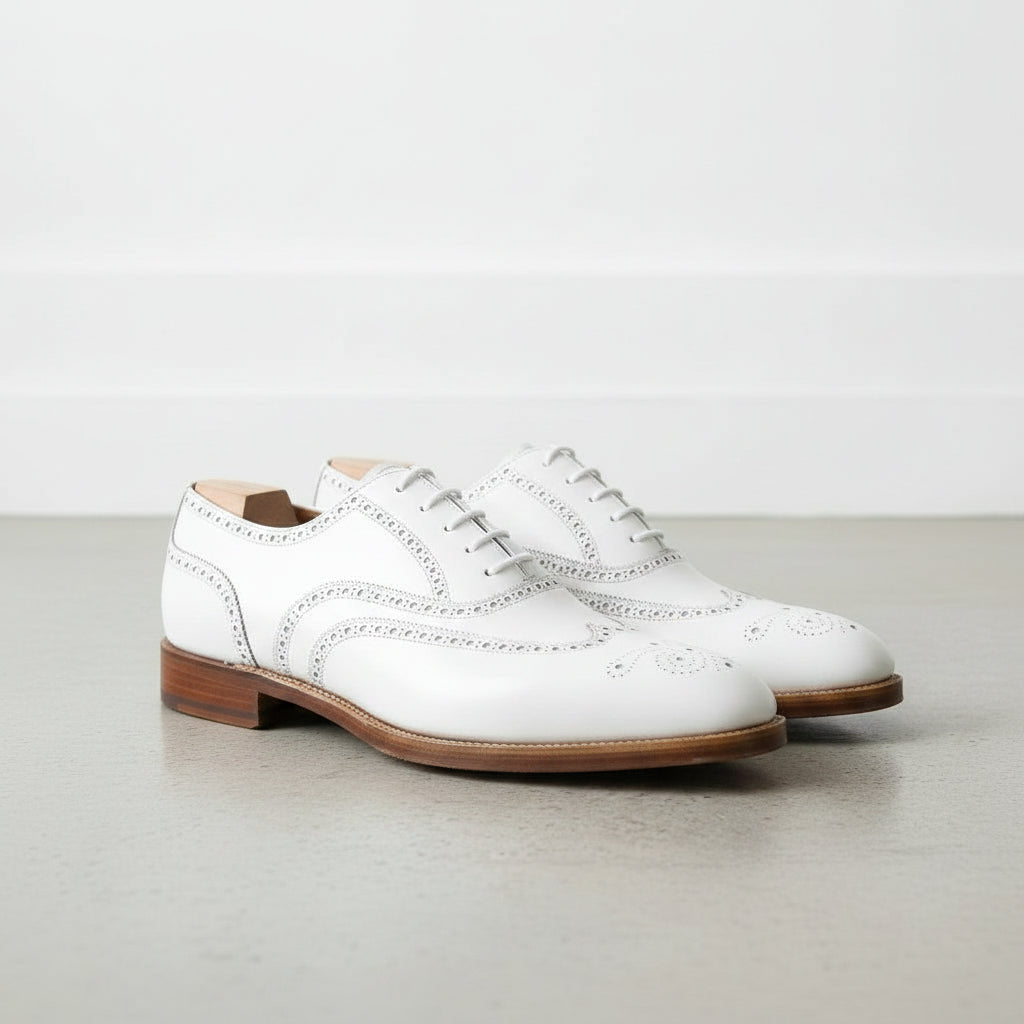 Handmade Men White Wingtip Brogue Shoes, Brogue Formal Shoes Shoes