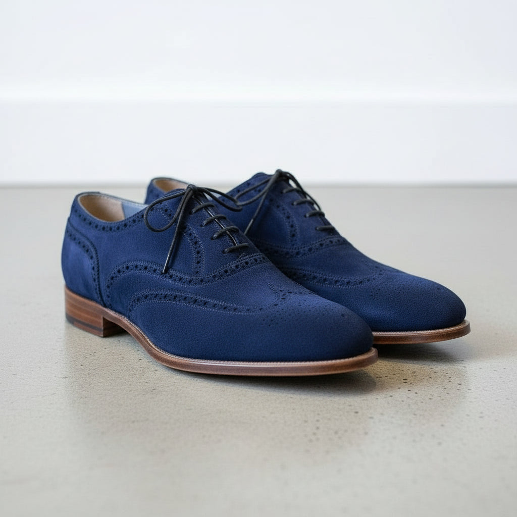 Handmade Mens Brogue Blue Suede Shoes, Men Wingtip Suede Blue Party Shoes
