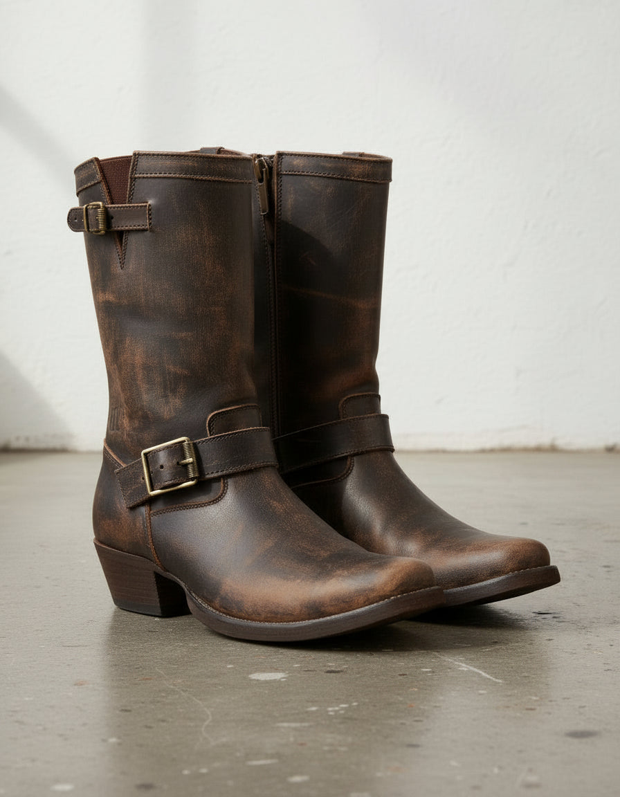 Handcrafted Men's Genuine Calf Leather Cowboy Boots in Dark Brown