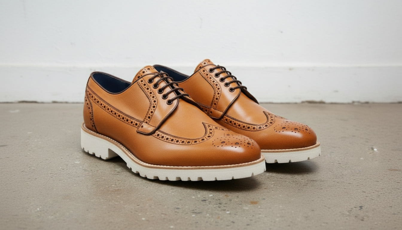 Tan Leather Brogue Shoes with Rubber Sole, Handmade Leather Shoes for Men