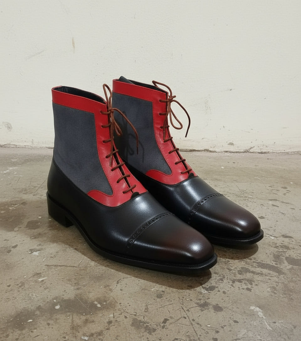 Handcrafted Men's Three-Tone Leather and Suede Ankle Boots