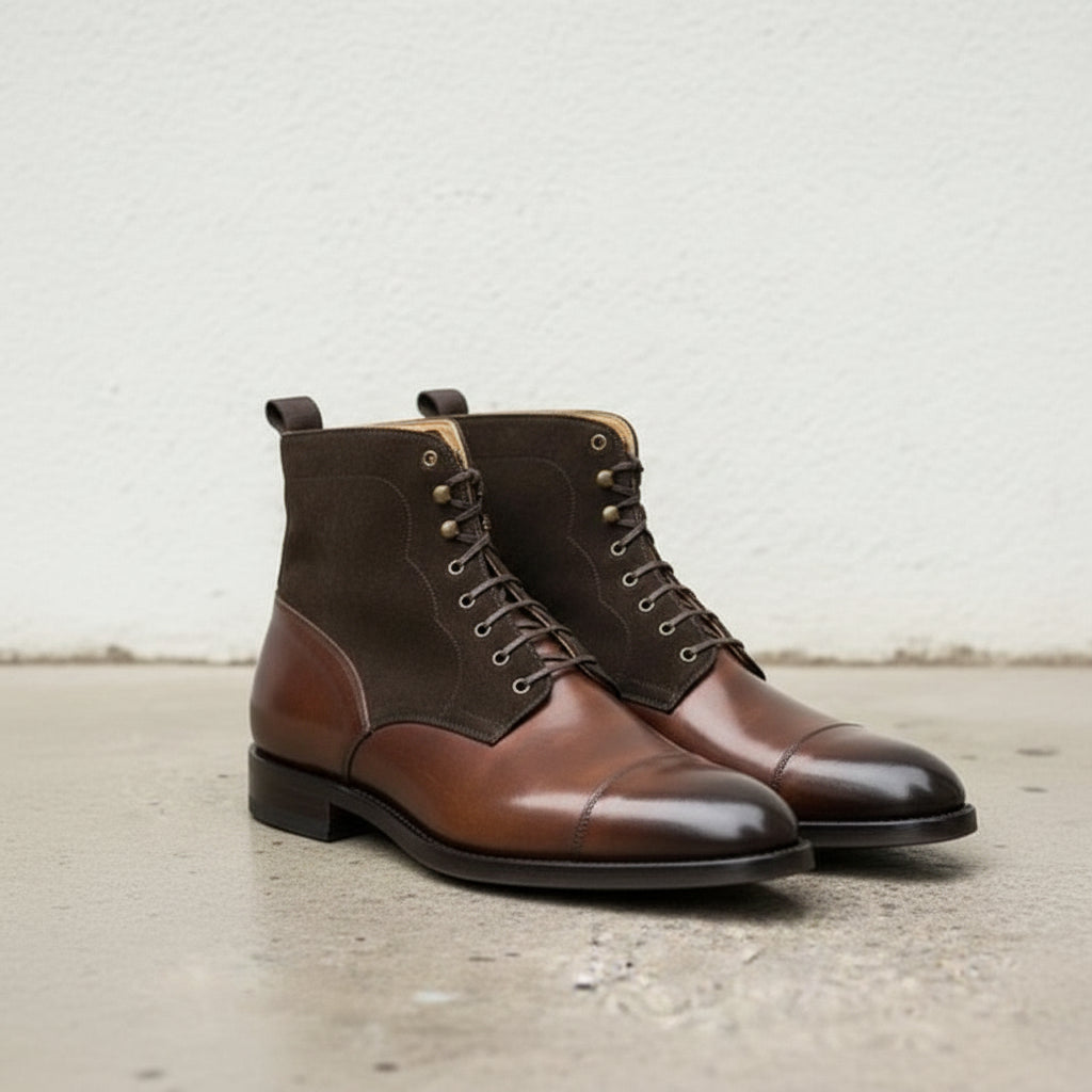 Men Brown Suede and Leather Lace Up Boots, Men's Fashion Leather Boots