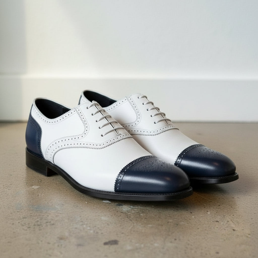 Men's Handmade Spectator Brogue Dress Shoes in White and Navy Blue
