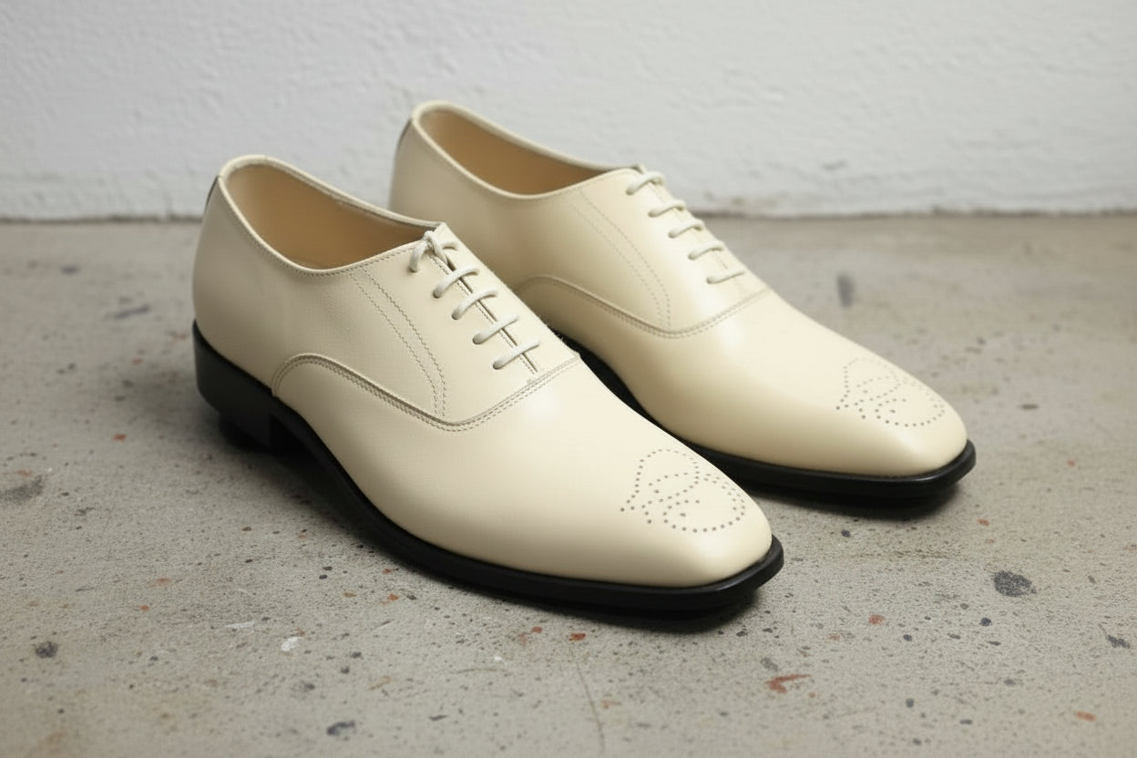 Handcrafted Cream White Brogue Men's Dress Shoes