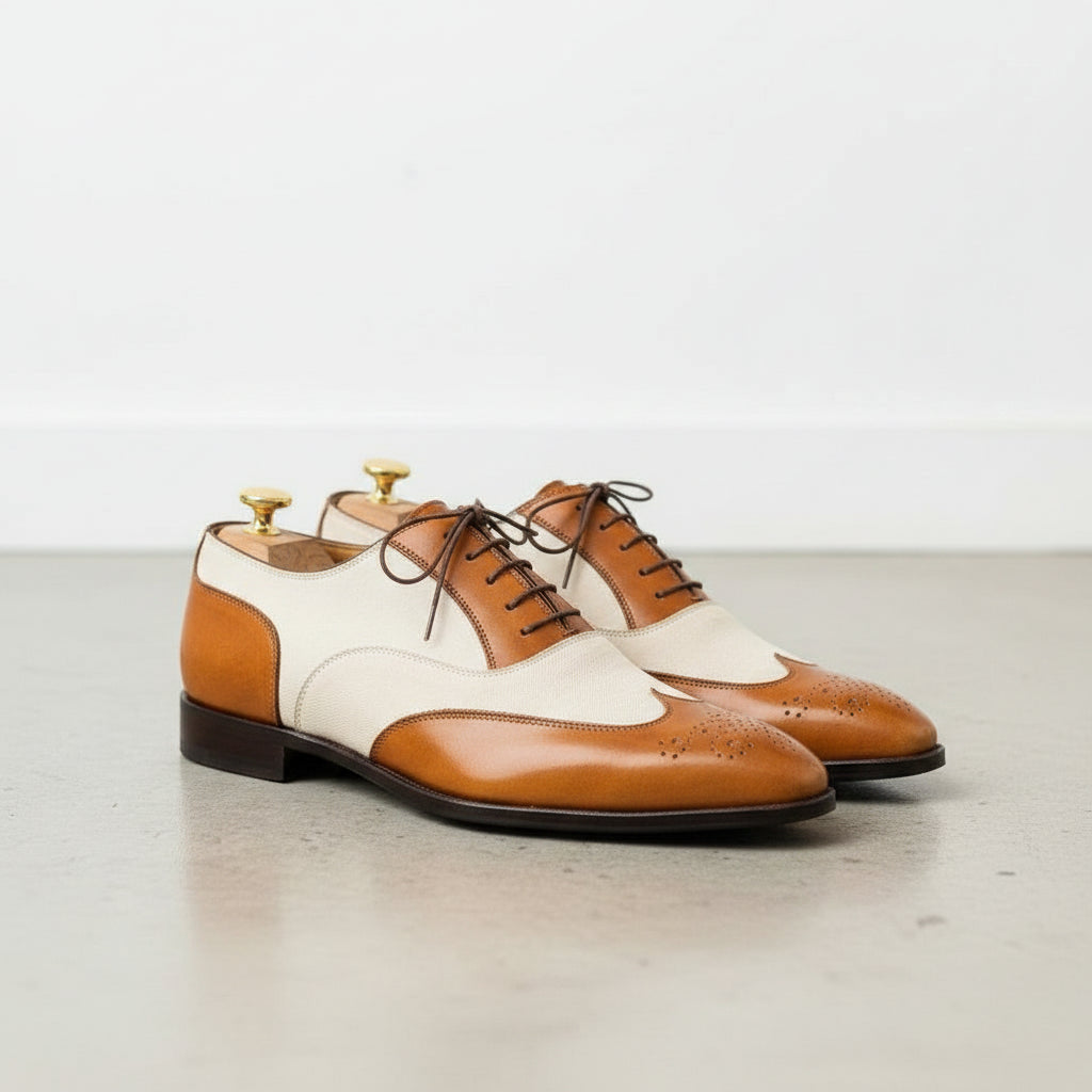 Handmade Brogue Tan and White Lace Up Full Grain Leather Men's Dress Shoes