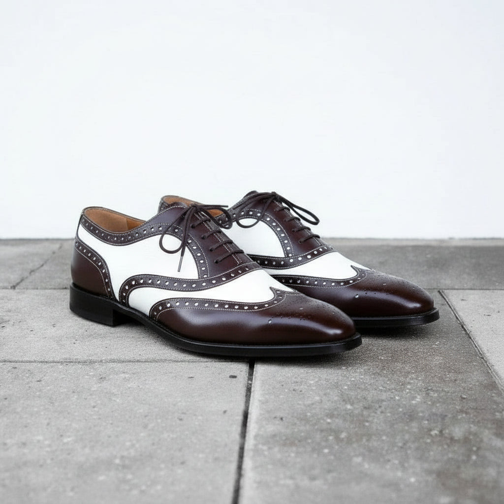 Handmade Mens Spectator Two tone Wing tip brogue Dress shoes