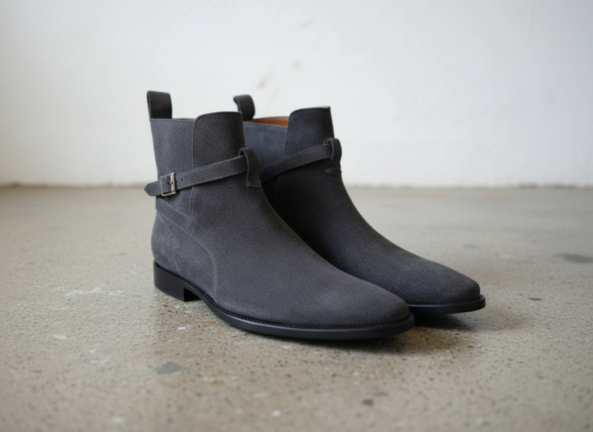 Handmade Mens Dark Gray Suede Jodhpur Boots, Men Gray Ankle Suede Boots