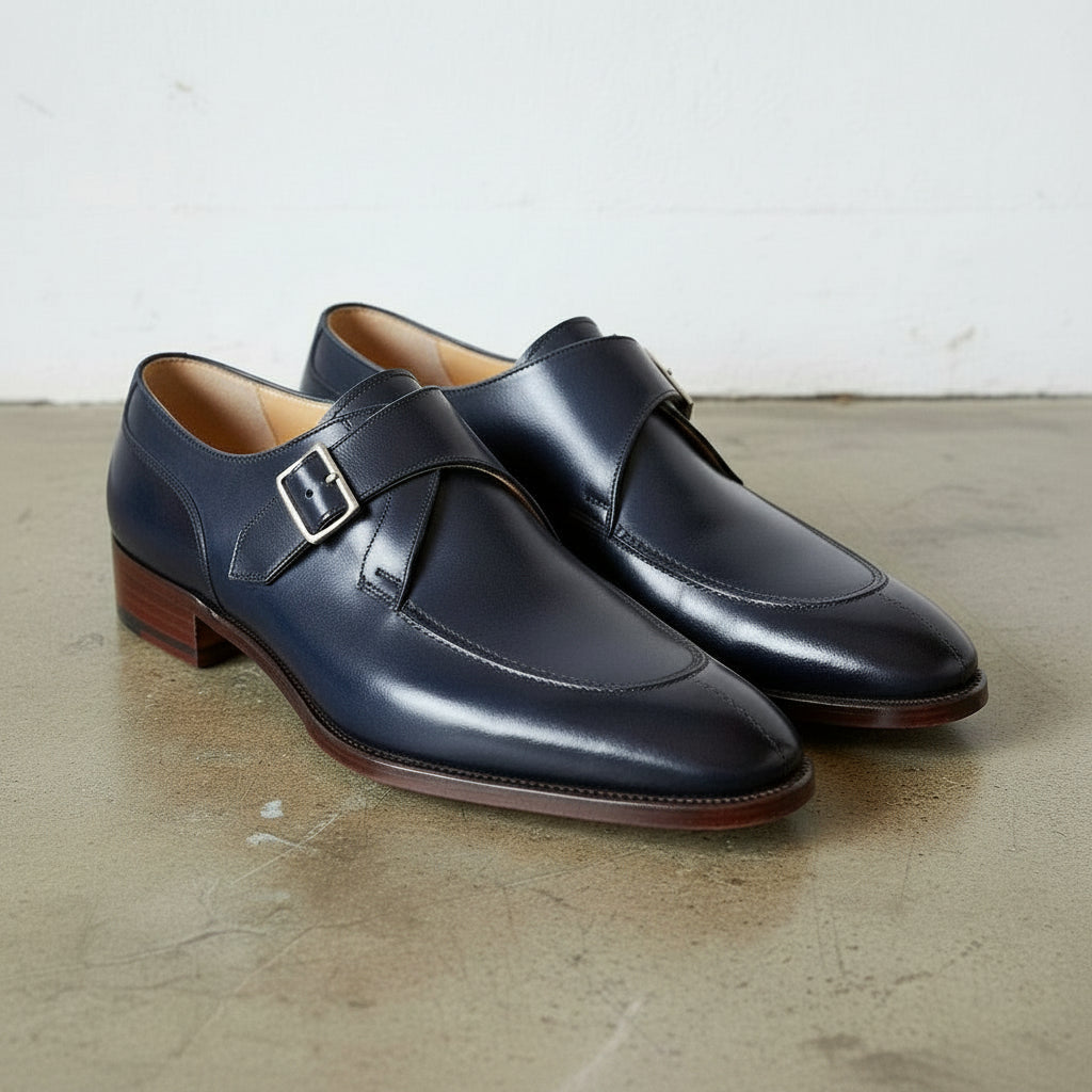 Handmade Men's Navy Blue Leather Monk Dress Shoes