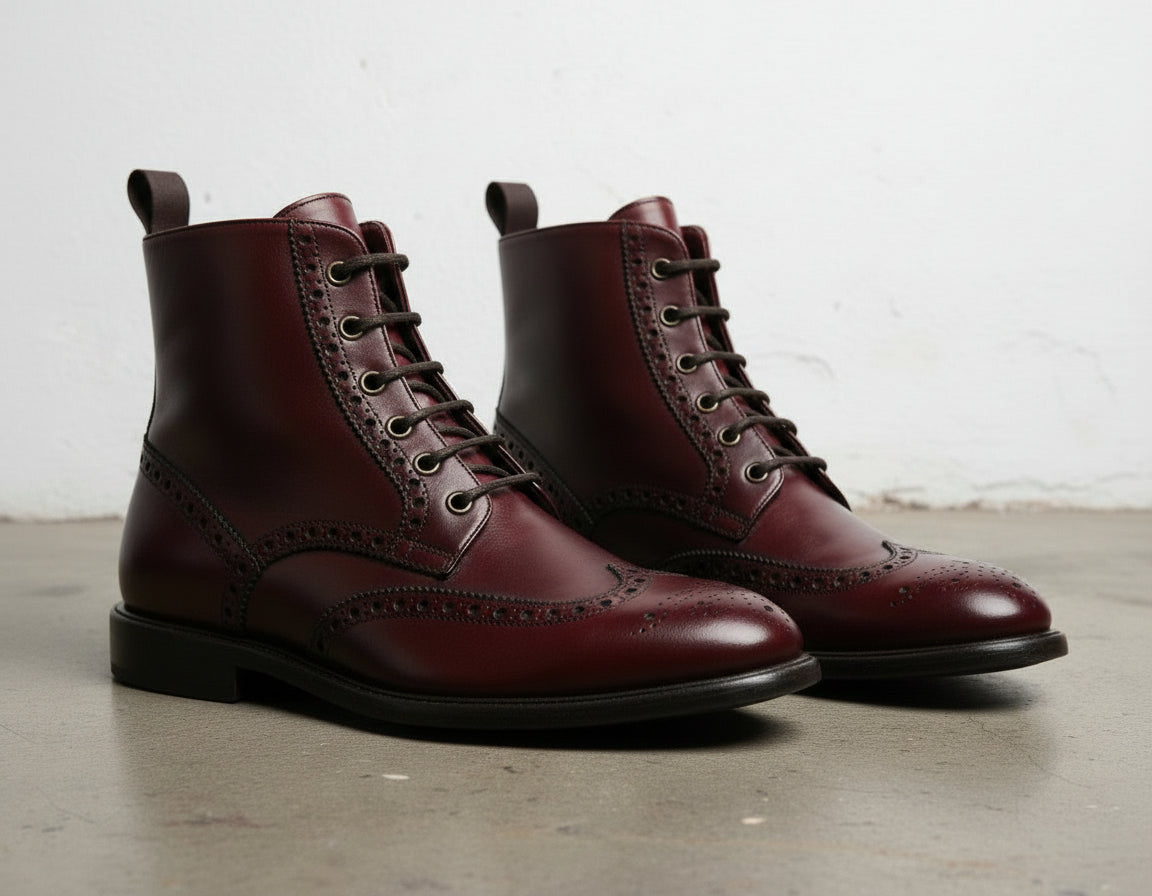 Handmade Men Burgundy Lace Up Boots, Ankle Leather Boots