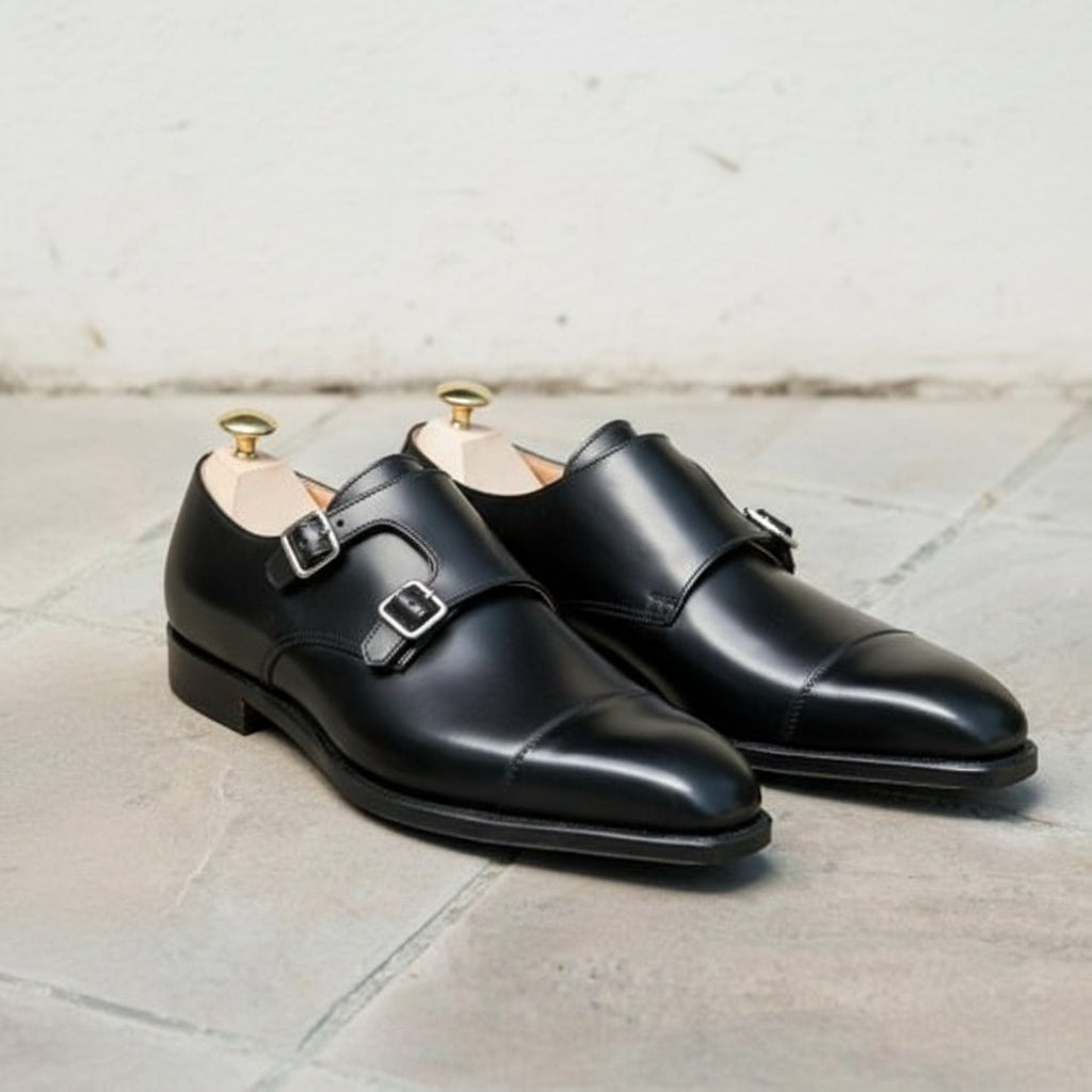 Men's Black Leather Double Monk Dress Shoes