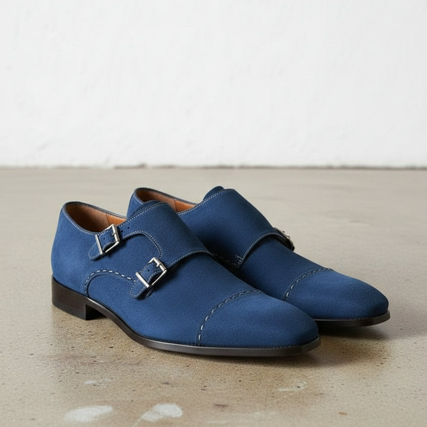 Handmade Men's Royal Blue Suede Monk Strap Shoes