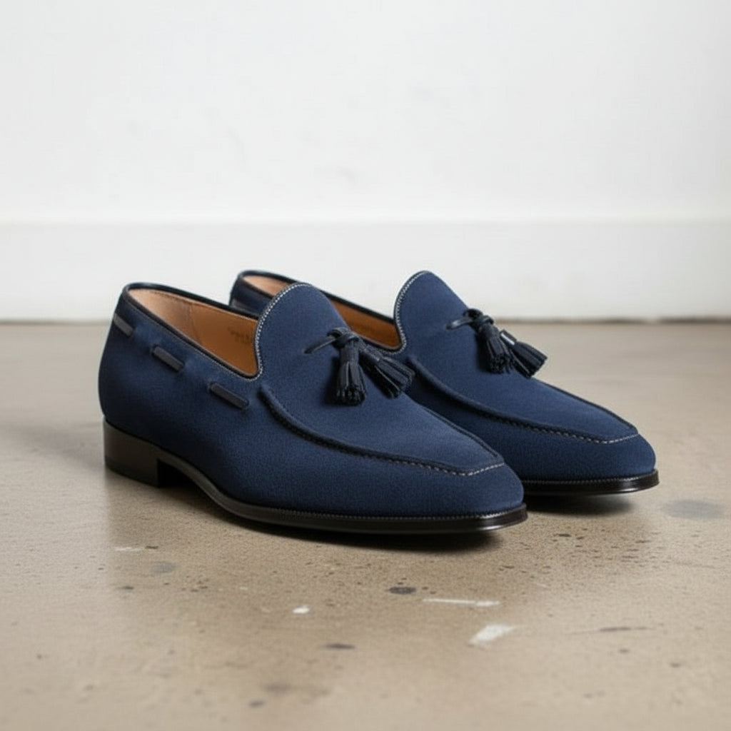 Handmade Navy Suede Tassel Loafers