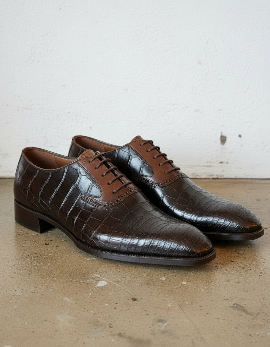Handmade Mens Brown Alligators Pattern Shoes, Men Lace Up Oxfords Shoes