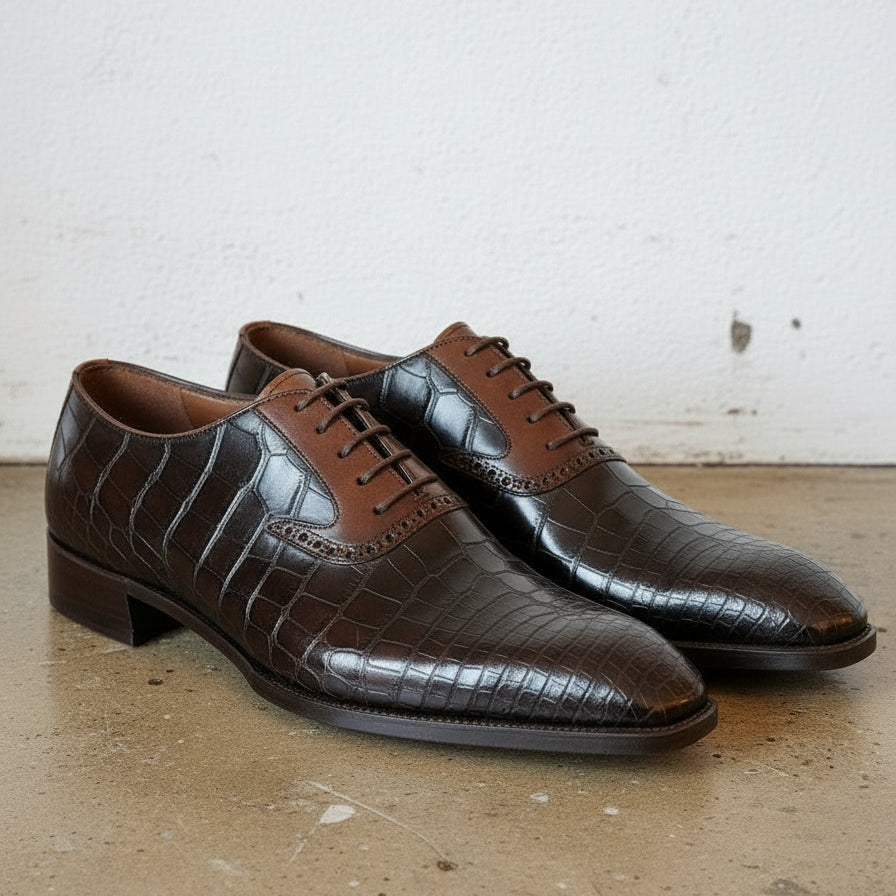 Handmade Mens Brown Alligators Pattern Shoes, Men Lace Up Oxfords Shoes