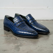 Handcrafted Blue Leather Moccasins with Crocodile Embossing