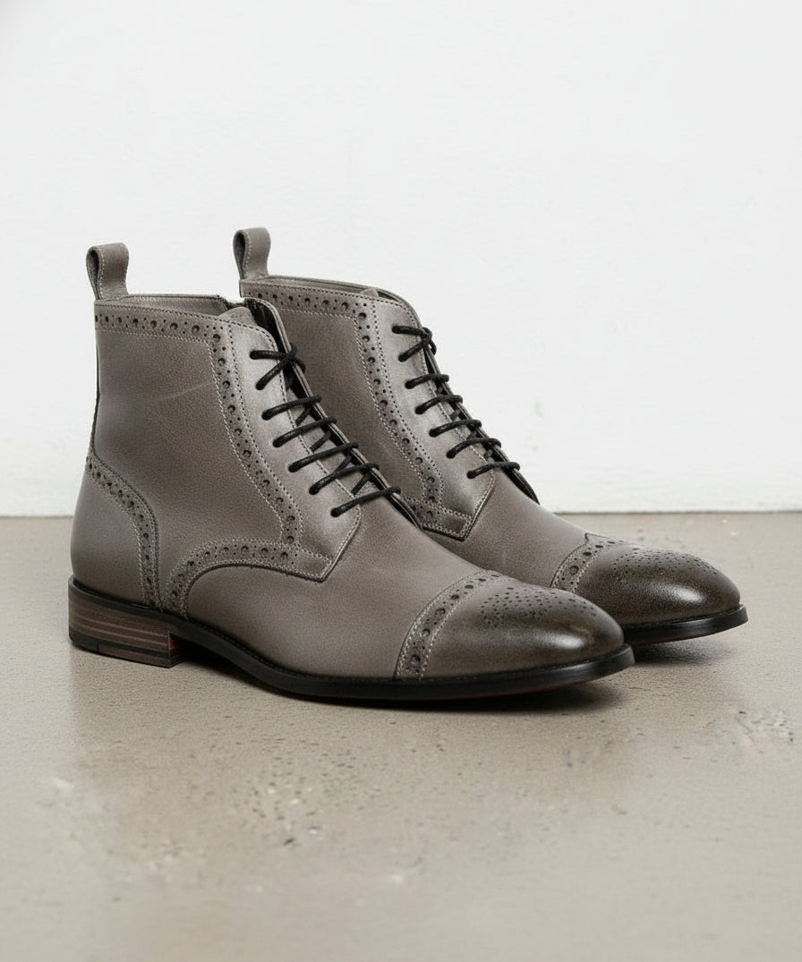 Handmade Men Gray Leather Brogue Ankle High Boots, Lace Up Leather Boot
