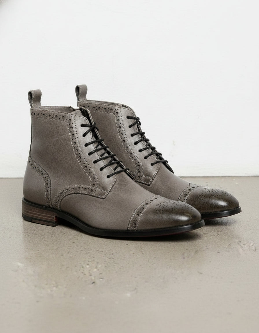 Handmade Men Gray Leather Brogue Ankle High Boots, Lace Up Leather Boot