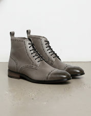 Handmade Men Gray Leather Brogue Ankle High Boots, Lace Up Leather Boot