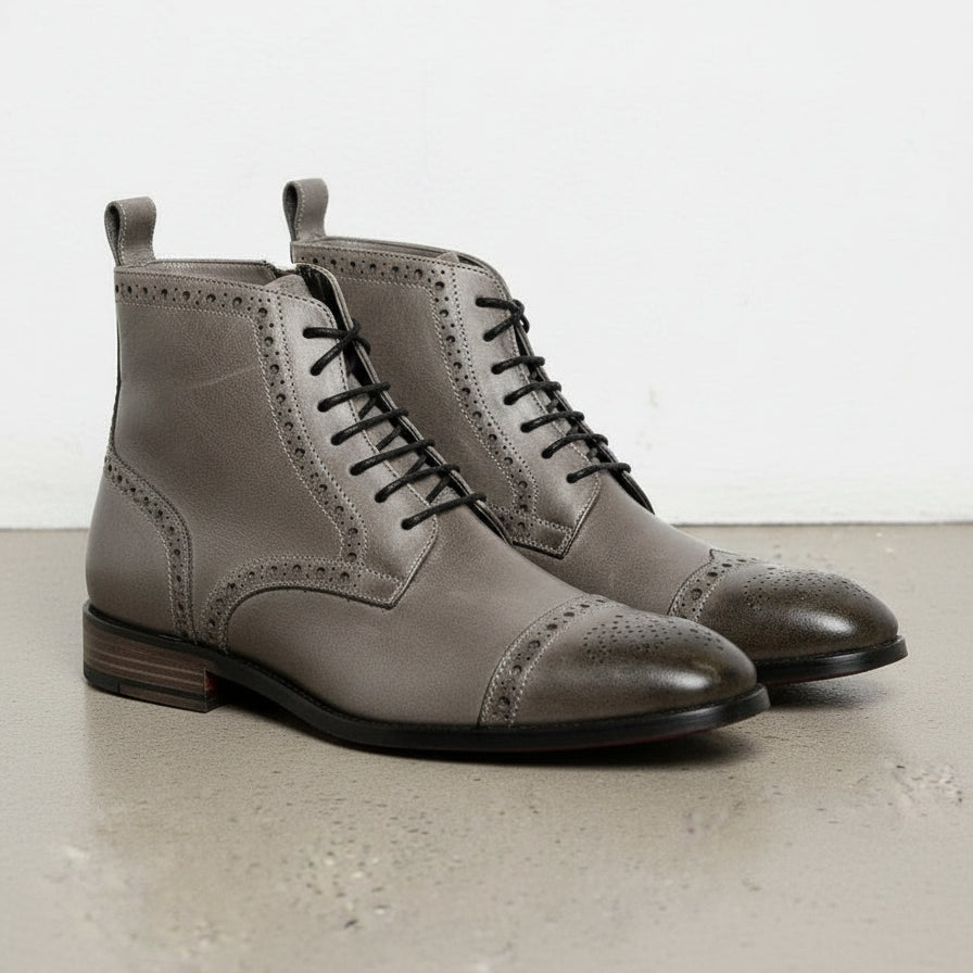 Handmade Men Gray Leather Brogue Ankle High Boots, Lace Up Leather Boot