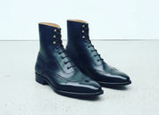 Handmade Mens Navy Blue Wingtip Brogue Dress Boots, Men Ankle Leather Boot