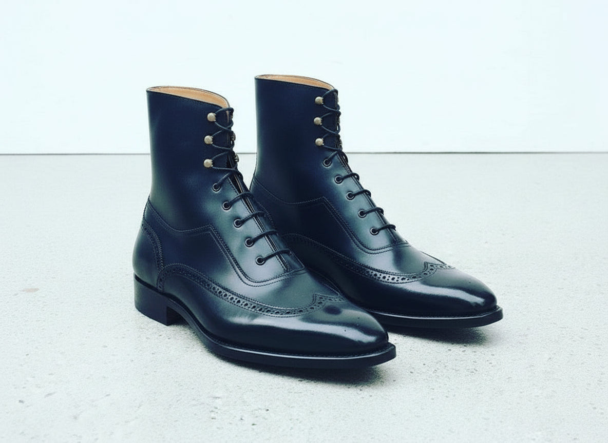 Handmade Men's Navy Blue Wingtip Brogue Dress Boots - Men's Ankle Leather Boot