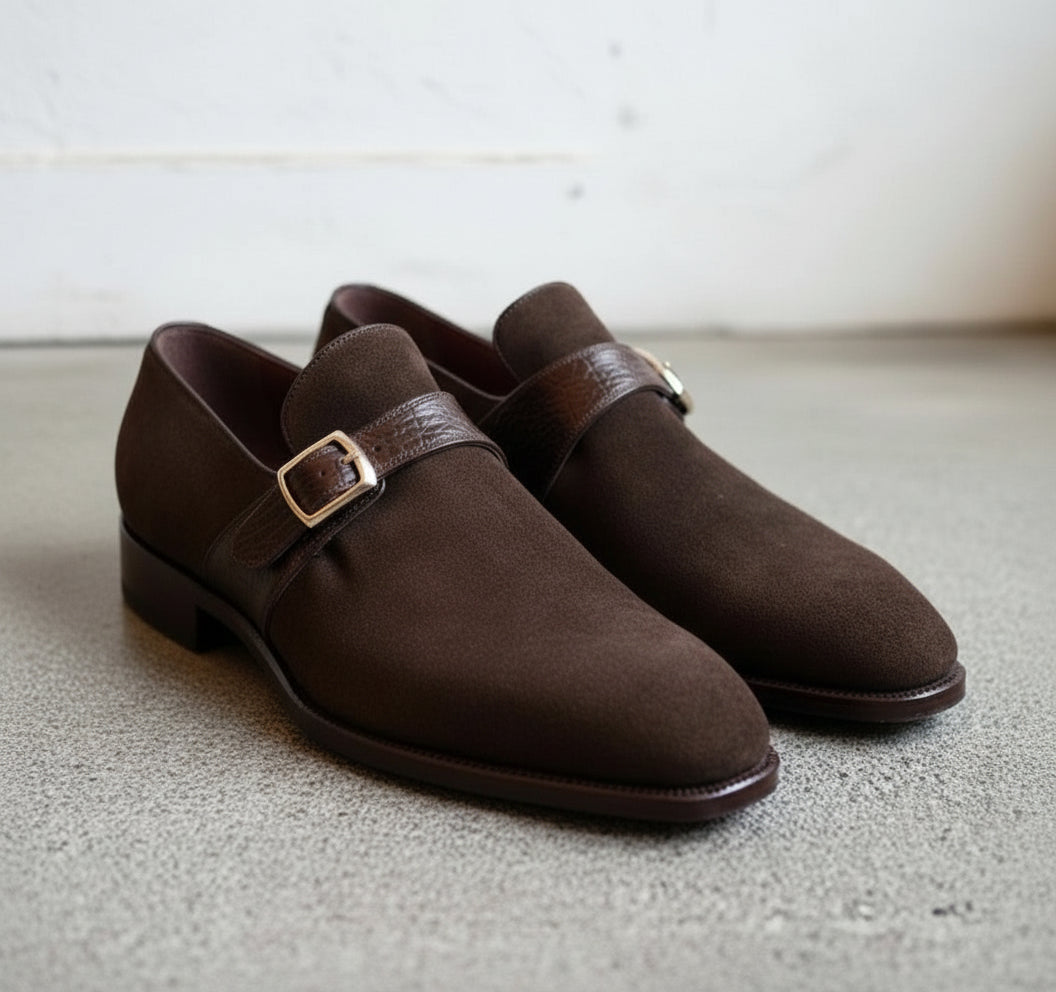 Handmade Men's Formal Brown Suede Monk Buckle Dress Shoes