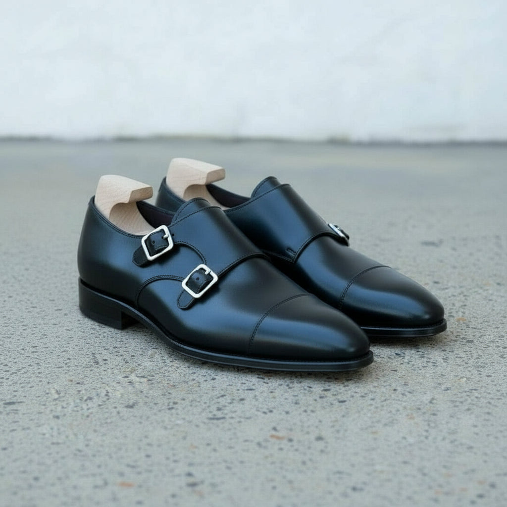 Men's Handmade Black Monk Strap Leather Dress Shoes