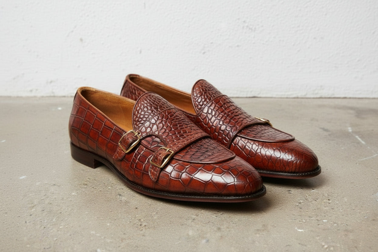 Handmade Tan Crocodile Leather Double Monk Formal Dress Shoes