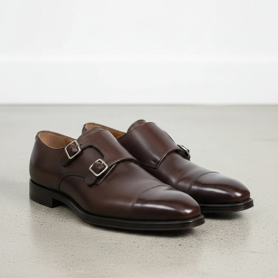 Handcrafted Men's Dark Brown Double Monk Formal Shoes