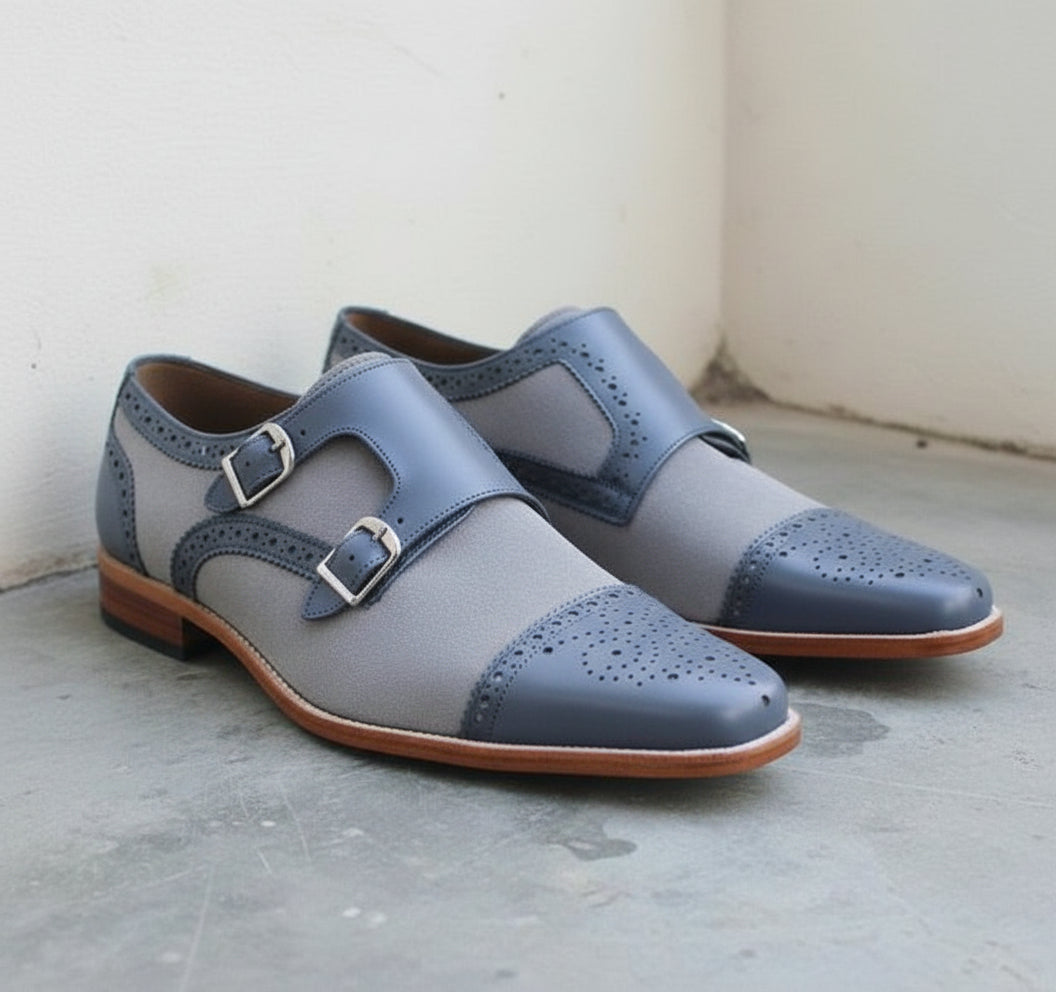 Handmade Men's Formal Monk Leather and Suede Dress Shoes