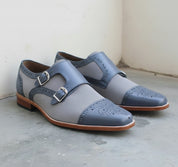 Handmade Men's Formal Monk Leather and Suede Dress Shoes