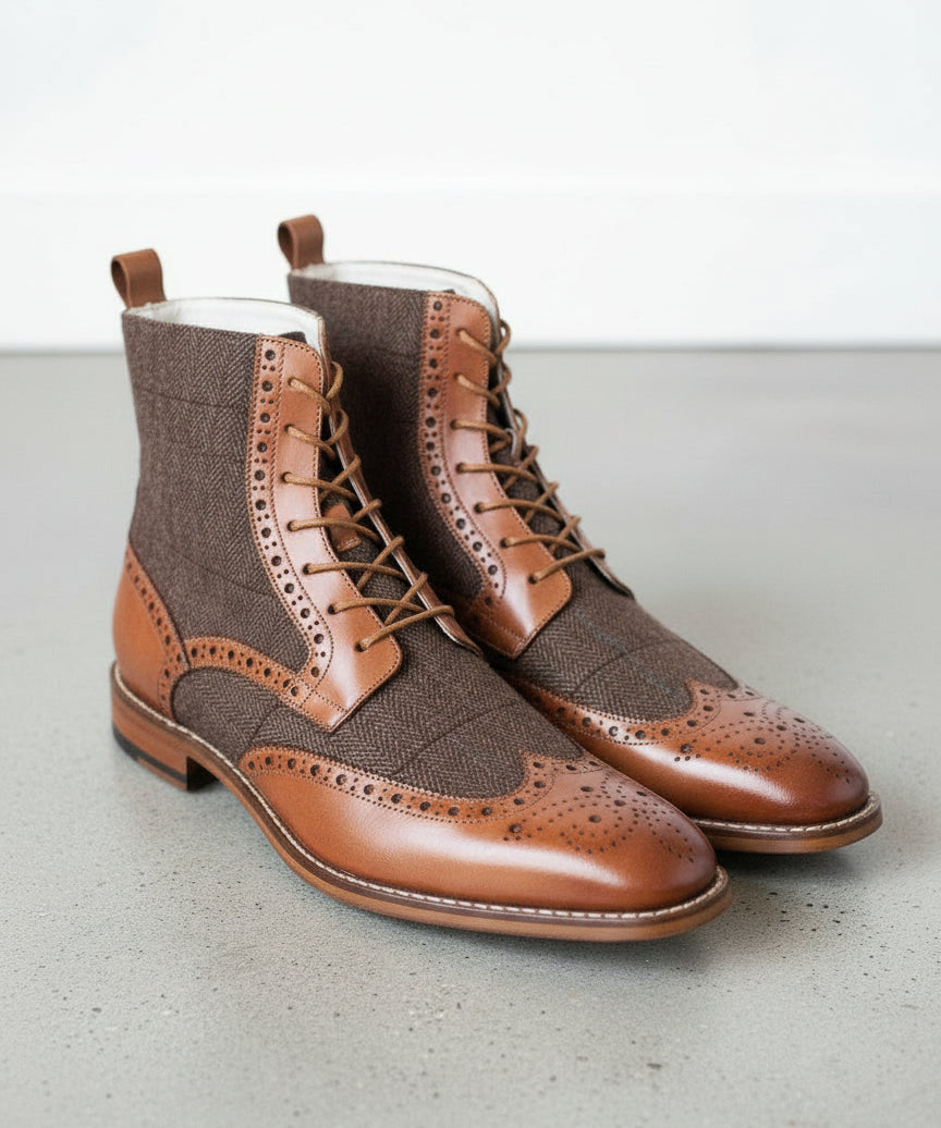 Handcrafted Men's Wingtip Brogue Two-Tone Lace Up Boots