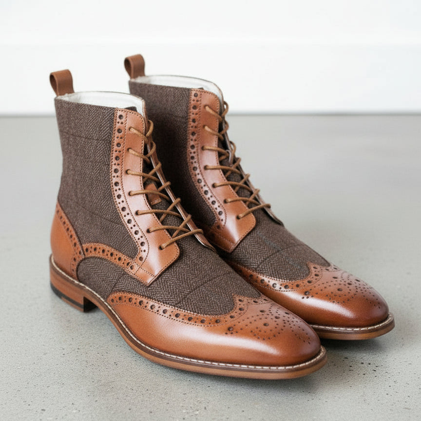 Handcrafted Men's Wingtip Brogue Two-Tone Lace Up Boots