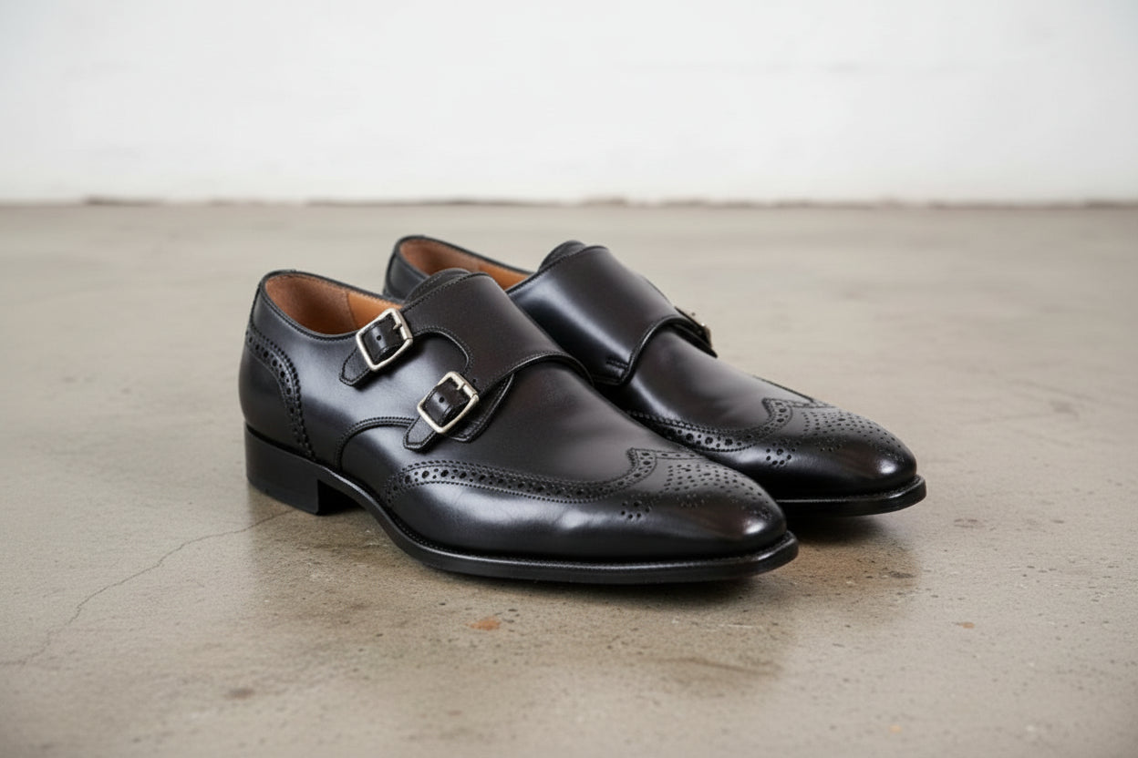 Handmade Men's Black Leather Wingtip Double Monk Dress Shoes