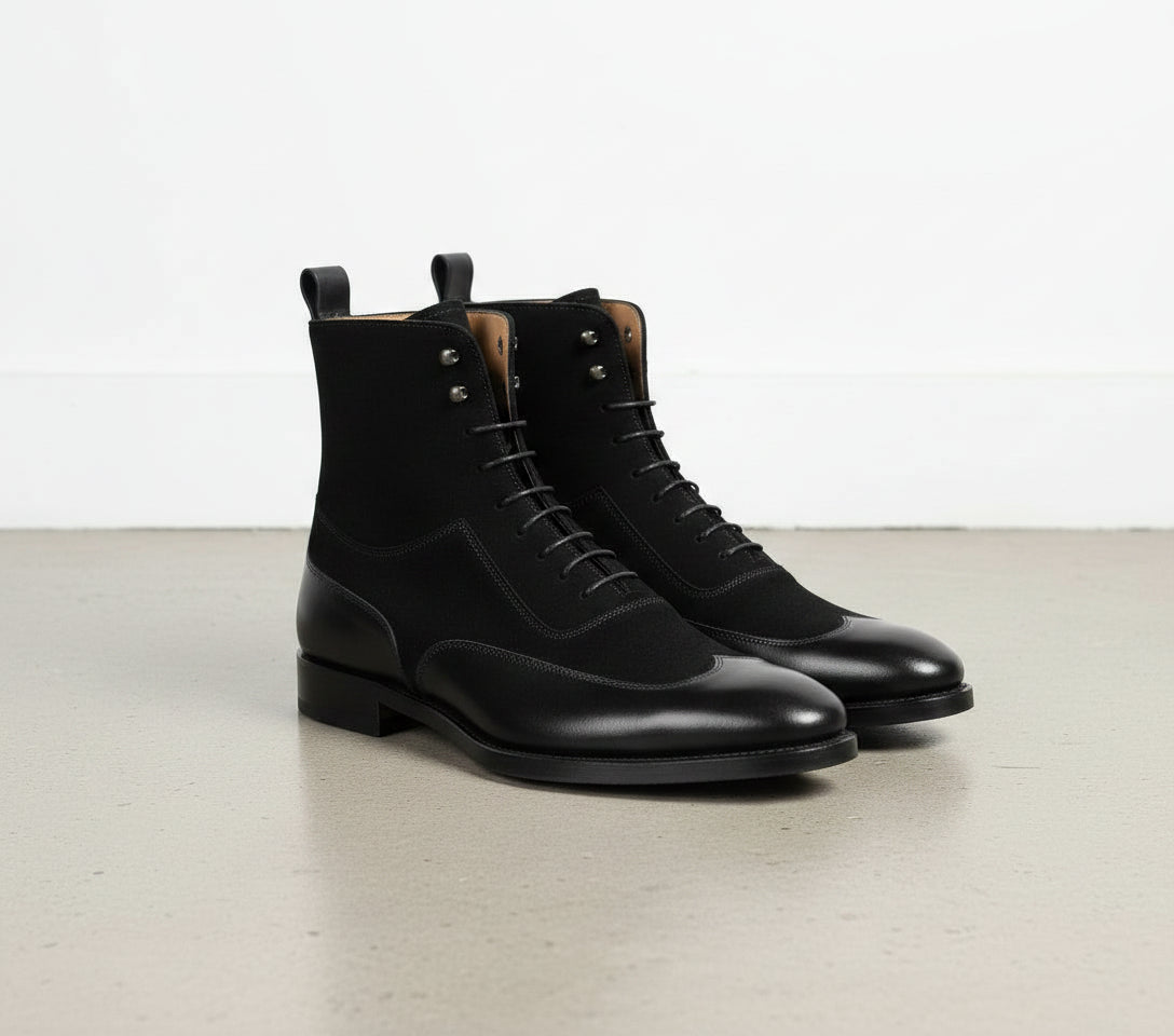 Men Fashion Black Color Wing Tip Ankle Boots, Suede and Leather Boot