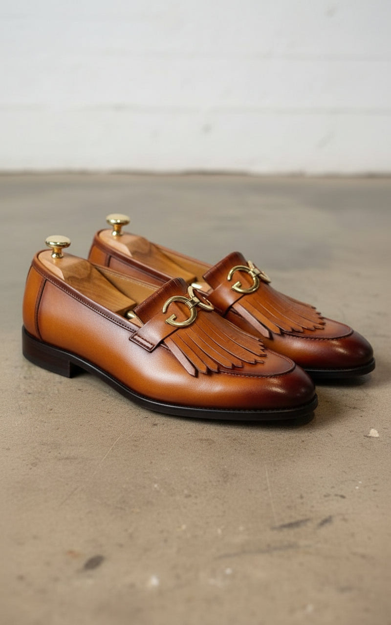 Handmade Tan Leather Fringe Buckle Shoes Moccasins, Mens Leather Shoes