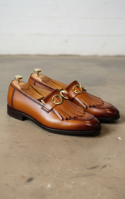 Handmade Tan Leather Fringe Buckle Shoes Moccasins, Mens Leather Shoes