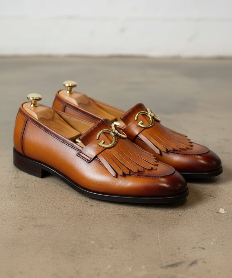 Handmade Tan Leather Fringe Buckle Shoes Moccasins, Mens Leather Shoes